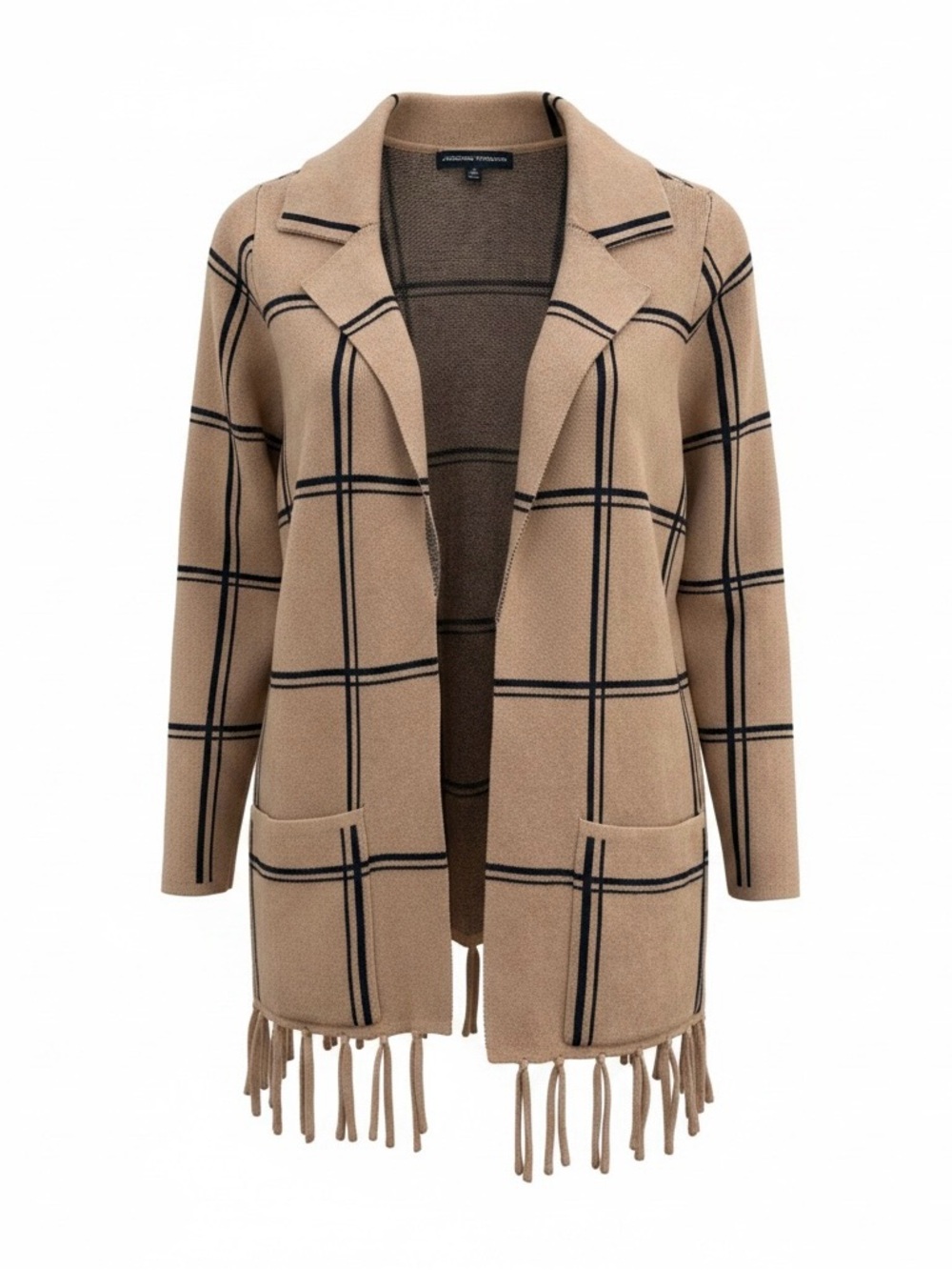 Adrienne Vittadini Tan Plaid Fringe Open Front Cardigan Sweater Blazer M